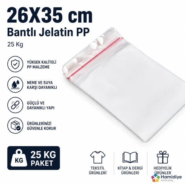 26x35 cm Bantlı Jelatin PP | Şeffaf Yapışkanlı Ambalaj Poşeti 25 Kg
