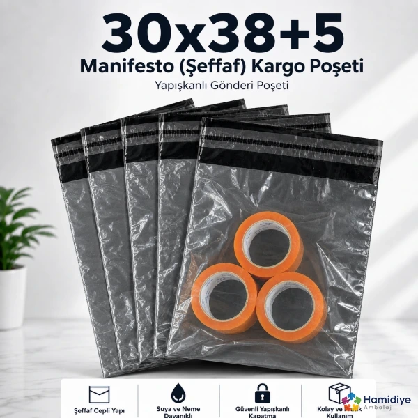 30x38+5 Manifesto Şeffaf Kargo Poşeti | Yapışkanlı Gönderi Poşeti
