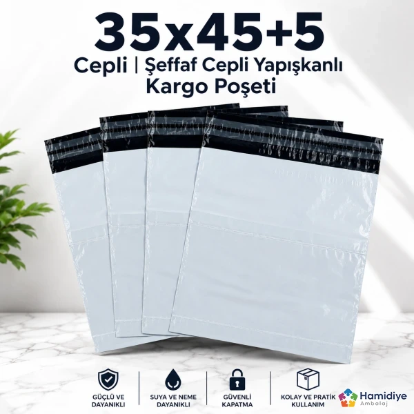 35x45+5 Cepli Kargo Poşeti | Evrak Cepli Yapışkanlı Kargo Ambalajı