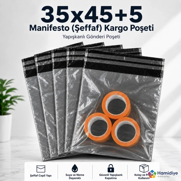 35x45+5 Manifesto Şeffaf Kargo Poşeti | Yapışkanlı Gönderi Poşeti