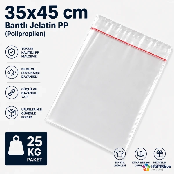 35x45 cm Bantlı Jelatin PP | Şeffaf Yapışkanlı Ambalaj Poşeti 25 Kg