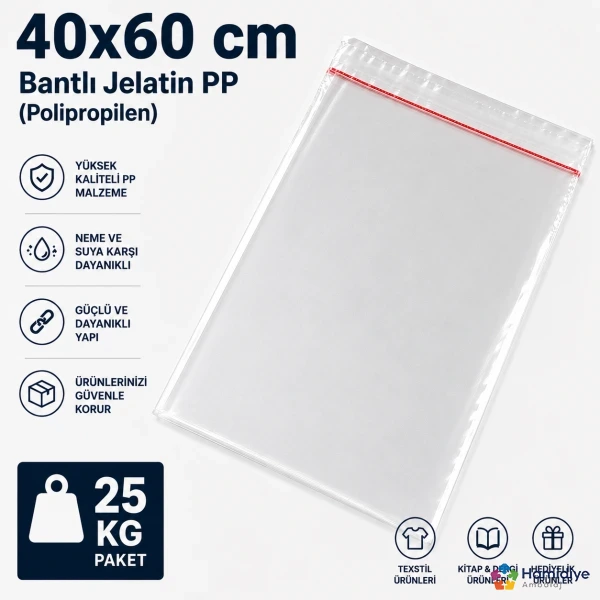 40x60 cm Bantlı Jelatin PP | Şeffaf Yapışkanlı Ambalaj Poşeti 25 Kg