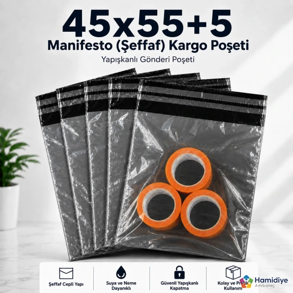 45x55+5 Manifesto Şeffaf Kargo Poşeti | Yapışkanlı Gönderi Poşeti
