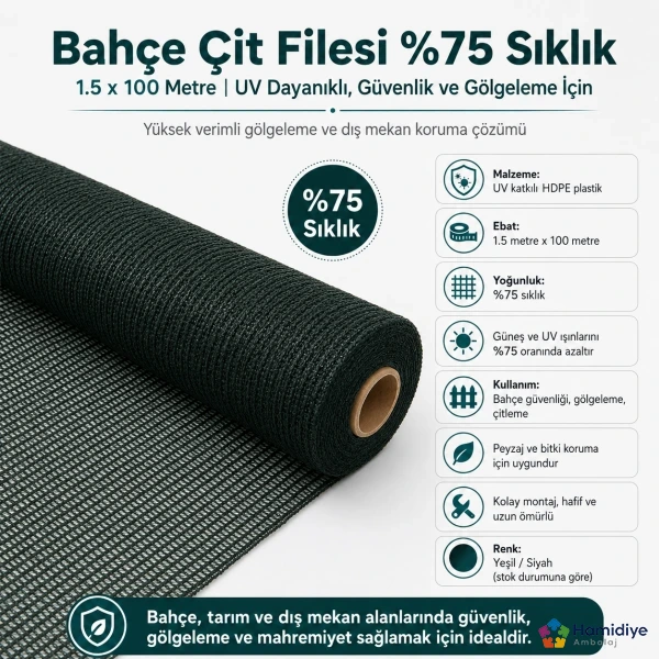 1.5x100 Metre Bahçe Çit Filesi %75 Sıklık | UV Dayanıklı Gölgelik File