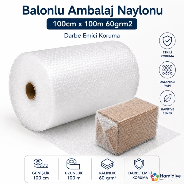 Balonlu Ambalaj Naylonu 100 cm x 100 m 60 gr/m² | Güçlü Darbe Emici Koruma