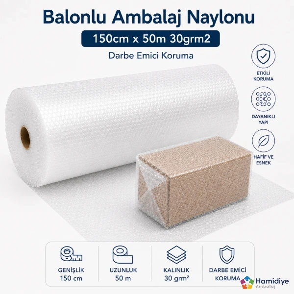Balonlu Ambalaj Naylonu 150 cm x 50 m 30 gr/m² | Geniş Yüzey Koruma Rulosu