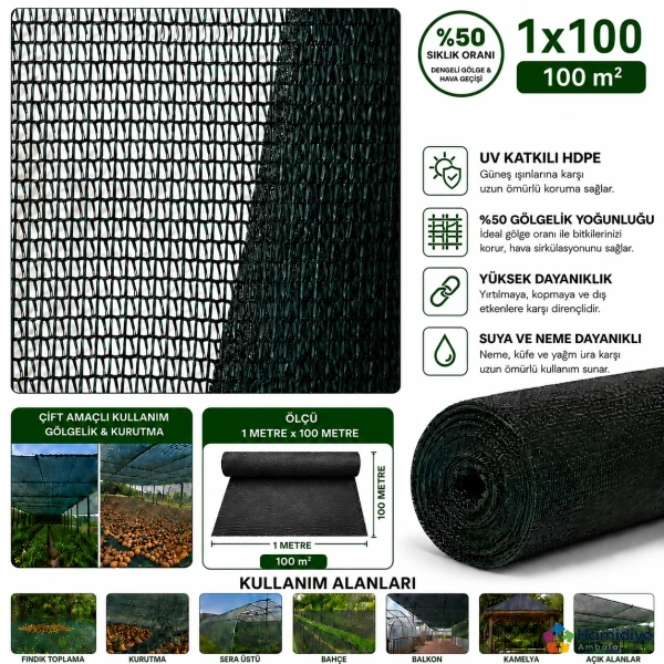 Fındık Filesi ve Gölgeleme Tülü 1x100 m %50 Sıklık UV Dayanımlı