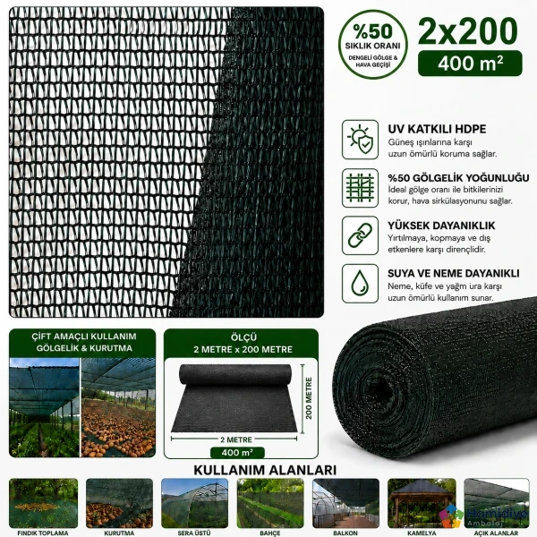 Fındık Filesi ve Gölgeleme Tülü 2x200 m %50 Sıklık UV Dayanımlı