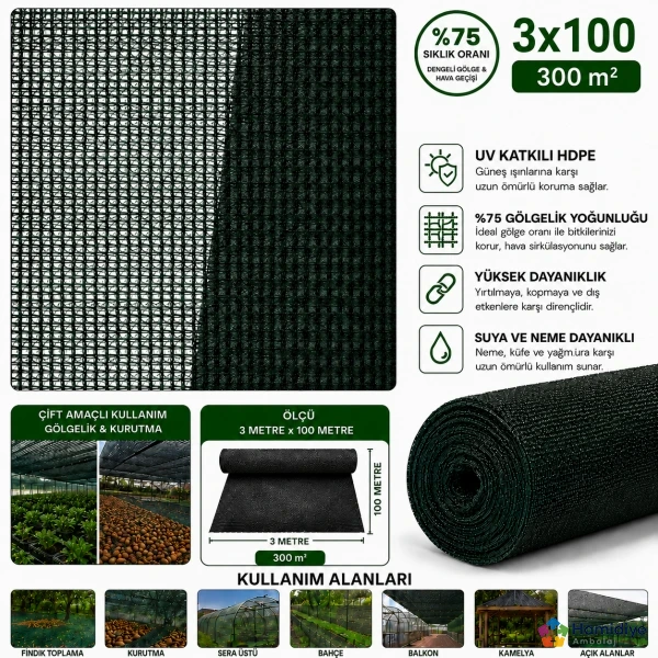 Gölgeleme Tülü 3x100 Metre %75 Sıklık UV Katkılı Çit ve İskele Filesi