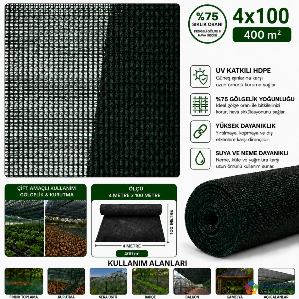 Gölgeleme Tülü 4x100 Metre %75 Sıklık UV Katkılı Çit ve İskele Filesi