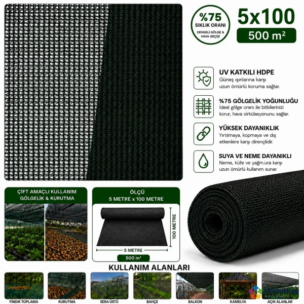 Gölgeleme Tülü 5x100 Metre %75 Sıklık UV Katkılı Çit ve İskele Filesi
