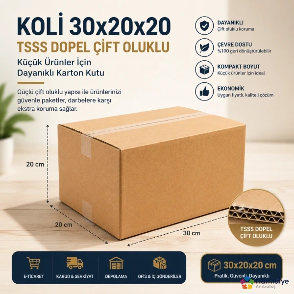 Koli 30x20x20 TSSS Dopel Çift Oluklu | Küçük Ürünler İçin Dayanıklı Karton Kutu