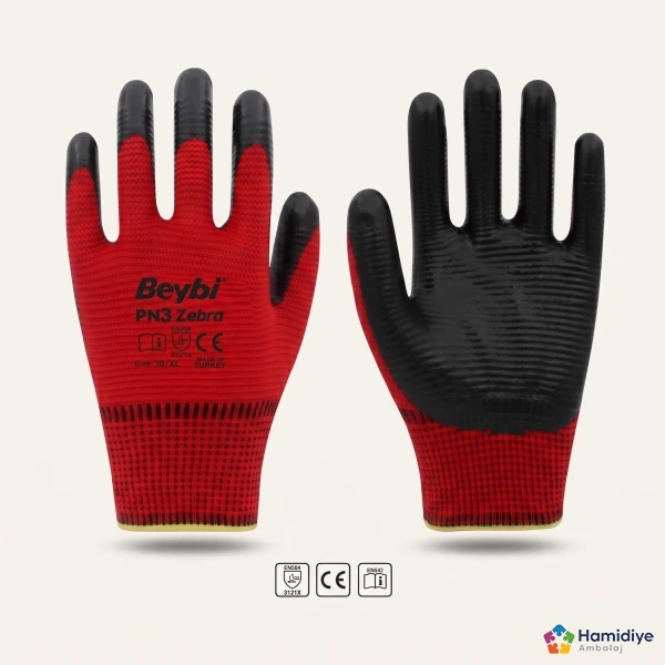 PN3 Zebra Kırmızı Polyester Örme Nitril İş Eldiveni