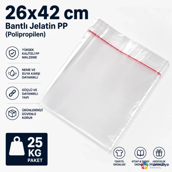 26x42 cm Bantlı Jelatin PP | Şeffaf Yapışkanlı Ambalaj Poşeti 25 Kg